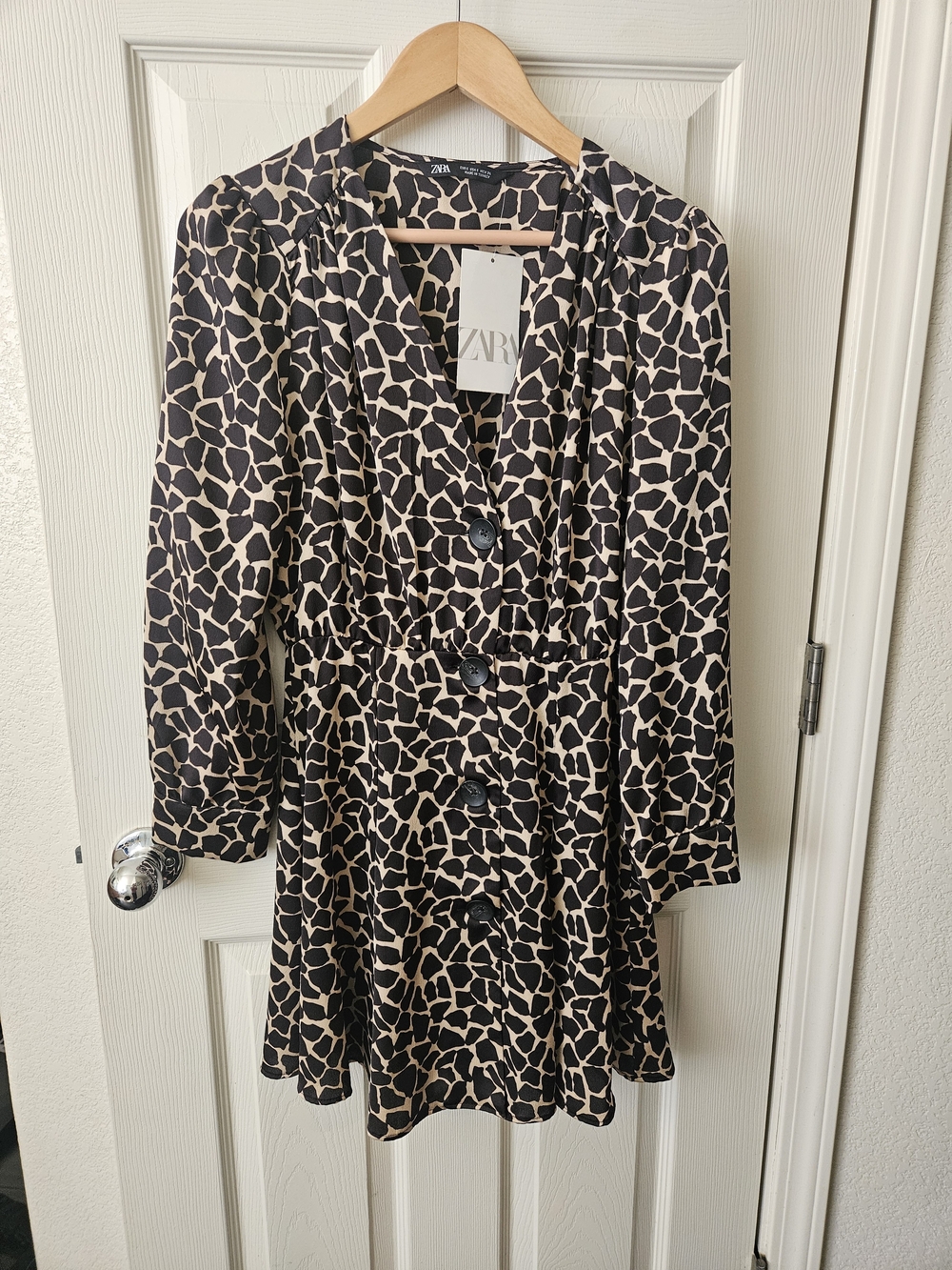 ZARA Black & Cream Animal Print Button-Front Dress Coat